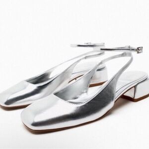 Zara Silver Block Heel Ballerina Square Toe NWT